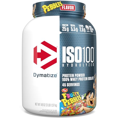 Dymatize ISO100 Hydrolyzed Protein Powder, 100% Whey Isolate , 25g of Protein, 5.5g BCAAs, Gluten Free, Fast Absorbing, Easy Digesting, Fruity Pebbles, 3 Pound